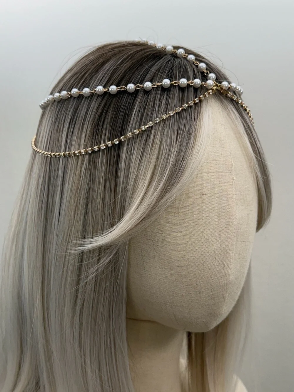 Pearl & Rhinestone Gold Head Chain Bridal Headpiece Boho Goddess Hair Jewelry